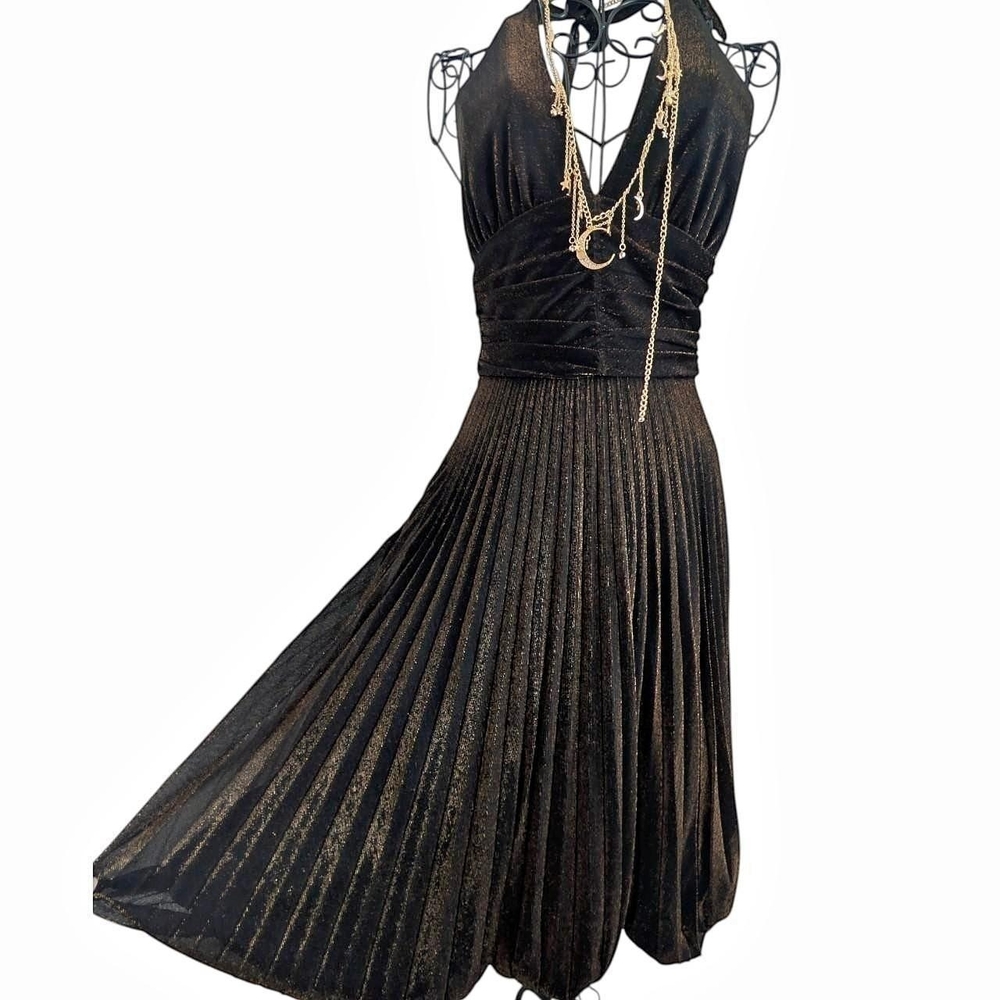 Vintage Cache Metallic Bronze Backless Pleated Ha… - image 7
